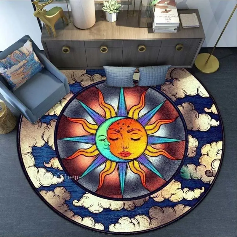 

Bohemian Moon and Sun Rug Vintage Sun art Round Carpet Living Room Bedroom Rug Chair Mat Anti-slip Doormat Home Decor