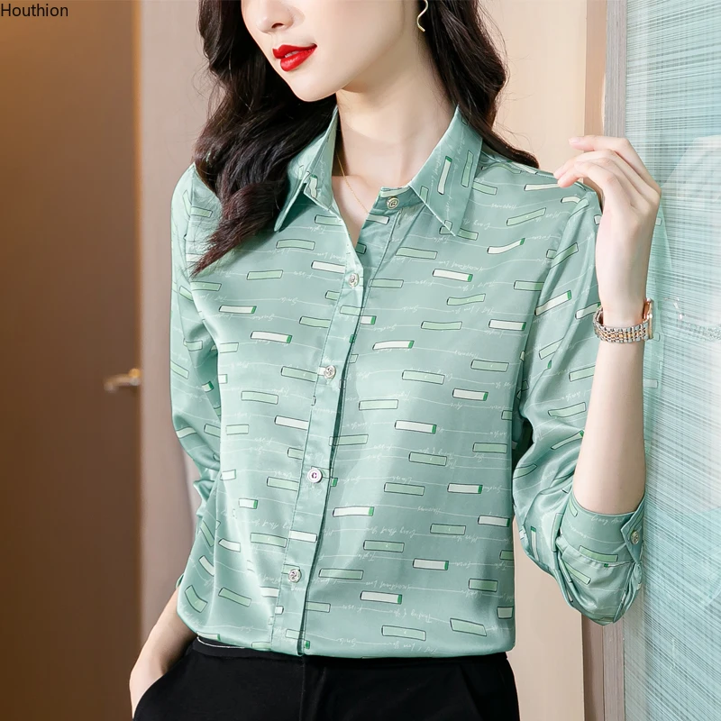 

Summer Autumn New Women's Blouse Polo Shirt Long Sleeve Splicing Letter Printing Satin Casual Fashion Loose Top Houthion