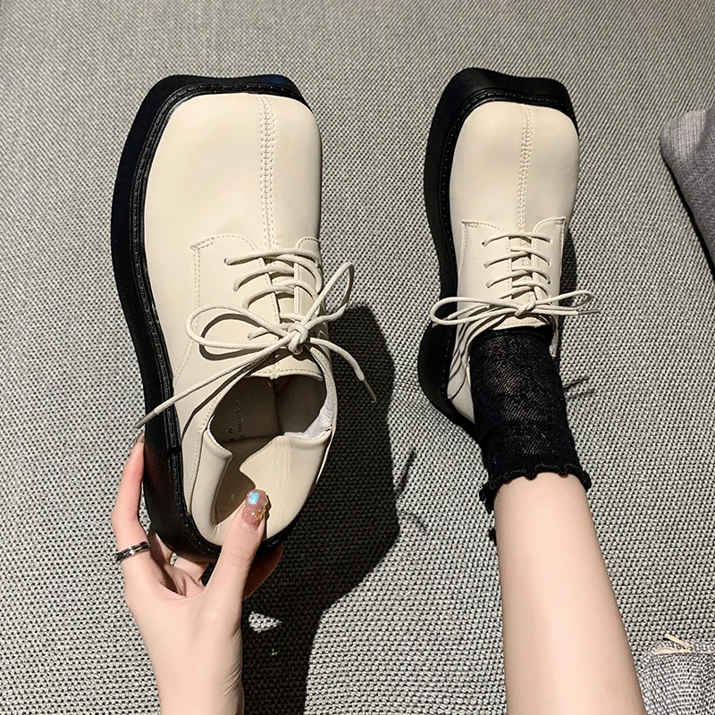 

Shoes Woman Flats Low Heels Clogs Platform Oxfords Square Toe British Style Autumn Dress Creepers Cross Summer Leather Preppy Fa