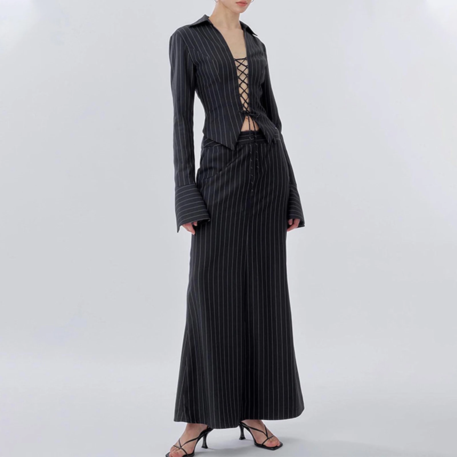 

Women Lace-Up Top High Waist Skirt Suit Sexy Lapel Neck Top & Long Skirt Suit Slim Fit Y2K Club Party Suit