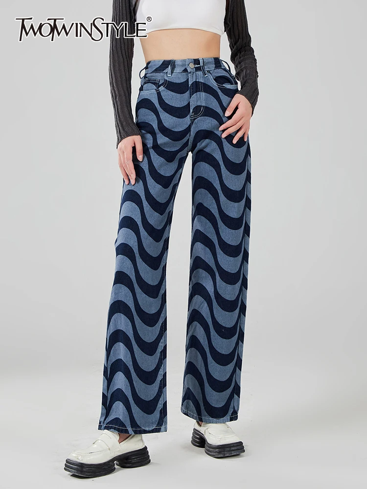 

TWOTWINSTYLE Vintage Print Colorblock Straight Pants For Women High Waist Loose Trousers Female Fashion Spring Clothes Style New