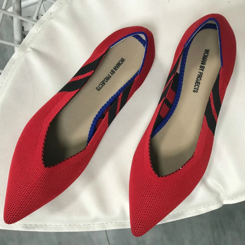 New Women Flats Shoes Ballet Shoes Woman Knit Mixed Colors Pointed Toe Comfortable Breathable Slip-on Brand Shoes for Women