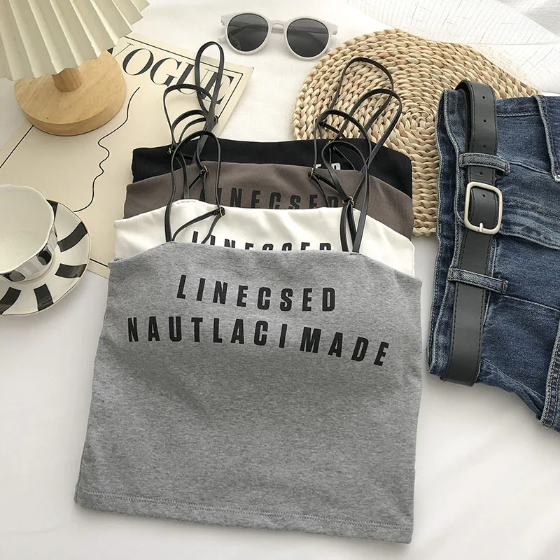 

French Chic Women Camisole Summer Letter Print Crop Top Woman Spaghetti Strap Basic Bra Cami Sleeveless Tank Tops Dropshipping