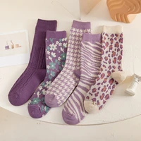 purple flowers leopard embroidery kawaii fashion socks womens medium tube woman clothes retro harajuku knitting cotton