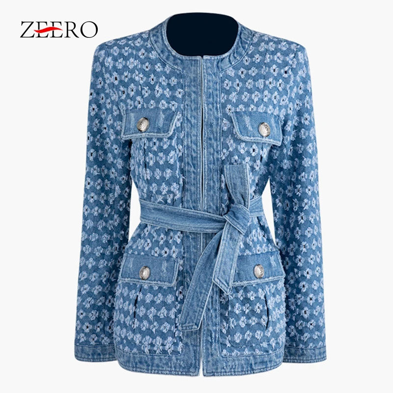 

Женская джинсовая куртка с длинным рукавом, с круглым вырезом и поясом