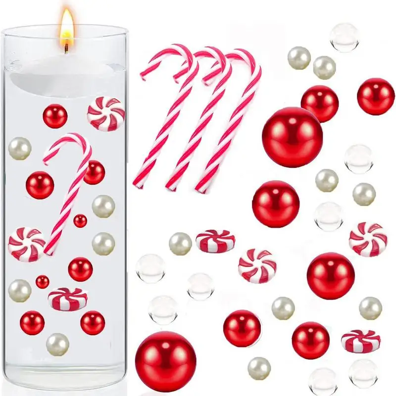 

Рождественские плавающие жемчужины, белые и красные конфеты, тростниковая ваза, наполнитель для рождественских ВАЗ, плавающие жемчужные вазы, светящиеся жемчужины