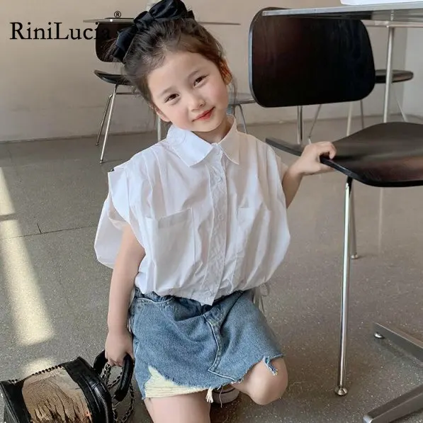 

New Girls Clothing Sets 2023 Summer Kids Clothes Solid Sleeveless Blouses Denim Skirts 2pcs Suit Children Clothing