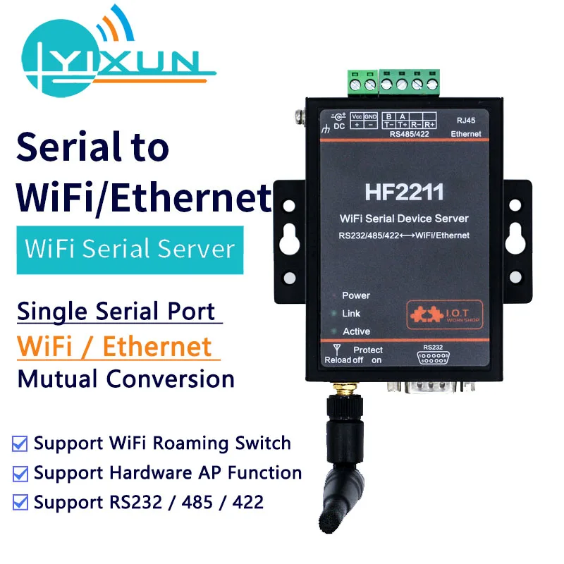 

CE FCC HF2211 Industrial Modbus Serial RS232 RS485 RS422 to WiFi Ethernet Converter Device TCP IP Telnet Modbus 4M Flash DTU