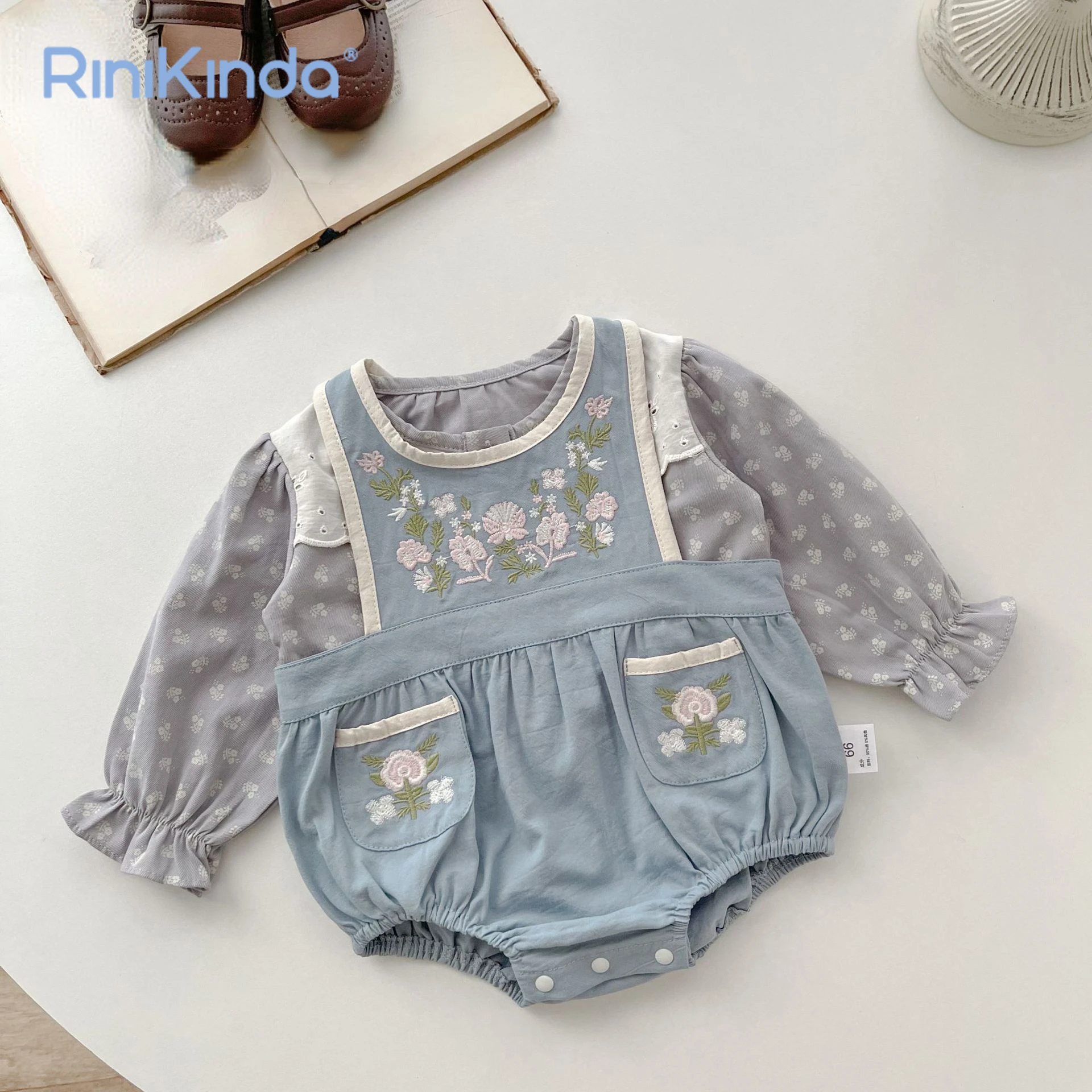 

Newborn Baby Girl Rompers Retro Print Shirt Sleeveless Embroidered Flower Bodysuit 2Pcs Toddler Baby Girls Jumpsuit