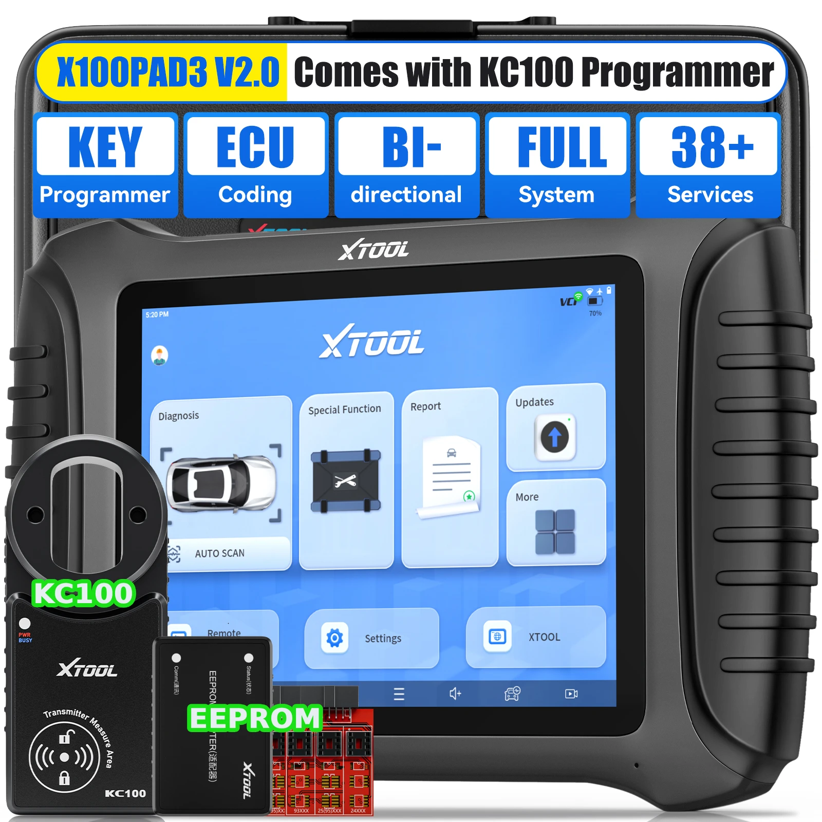 Фото XTOOL X100 PAD3 с KC100: Программатор ключей EEPROM, диагностический сканер OBD2, инструменты для кодирования ЭБУ FCA DoIP, добавление ключей с 38+ функциями сброса №1