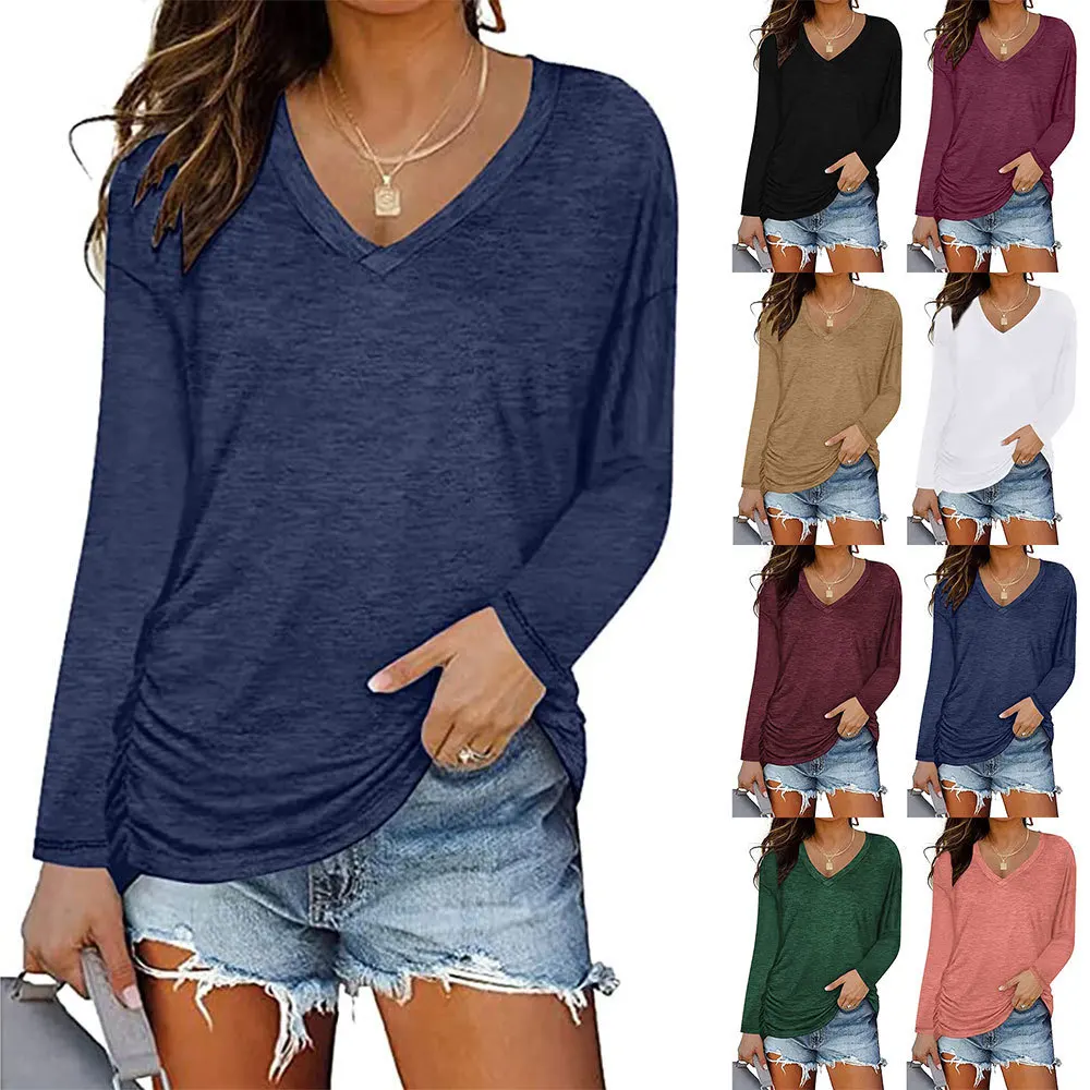 

European and American Women's V-neck Long Sleeve Tee Shirt Solid Color Loose Casual Top