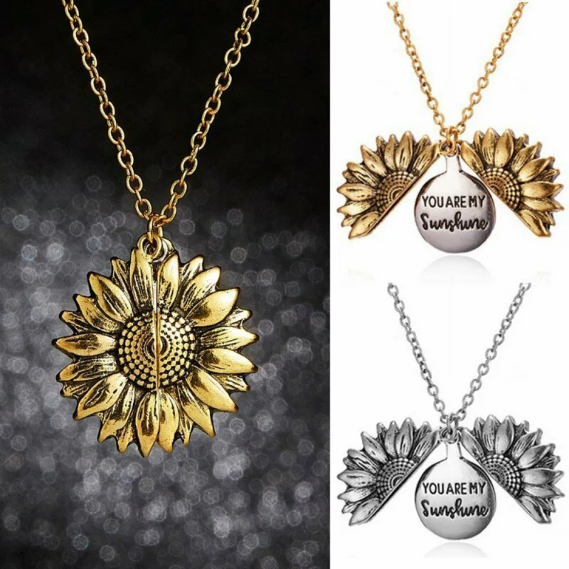 

2021 New You Are My Sunshine Sunflower Pendant Necklace Gold Silver Color Open Locket Necklace Engraved Anniversary Jewelry Gift