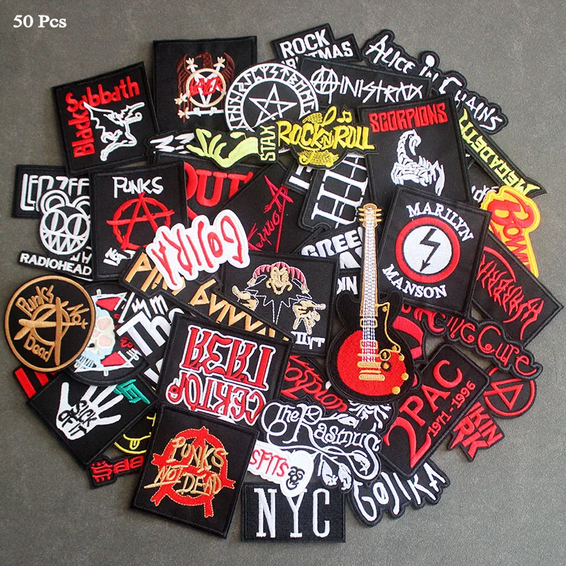 

50 Pcs Mixed Music Band Badges Patches for Clothes Jacket Jeans Stripes Embroidery Ironing DIY Appliques Cloth Sewing Supplies