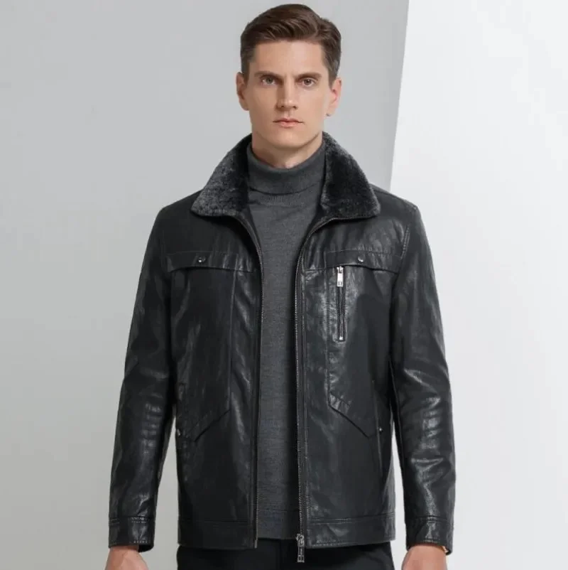 

Winter New Middle-aged Men Leather Down Jacket Male Lapel Lamb Fur Collar Coat Short Thicken Sheepskin Jackets Hombre