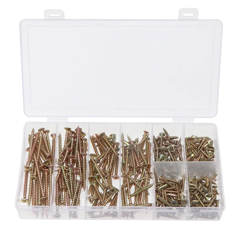 

332Pcs Boxed Color-Plated Zinc Fiberboard Nails Countersunk Cross Self-Tapping Woodworking Screws M3-M4 Combination