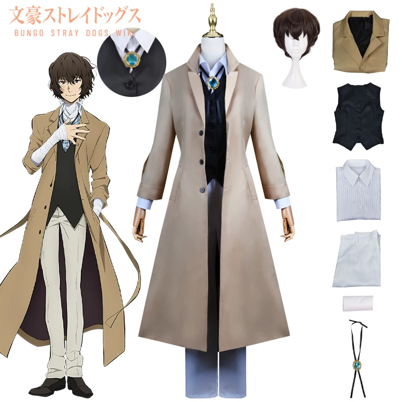 

Anime Osamu Dazai Cosplay Costume Bungo Stray Dogs Cosplay Long Jacket Coat Osamu Dazai Wig Halloween Christmas Costume Men