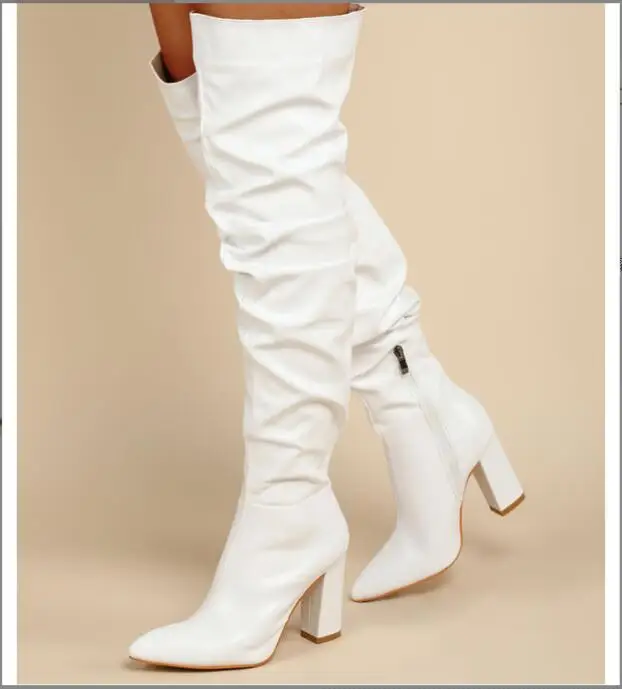 Sexy High Quality Pleated cowhide Leather Motorcycle Over The Knee Boots Women Fashion Pointed Toe Thigh High Lady Shoes Large