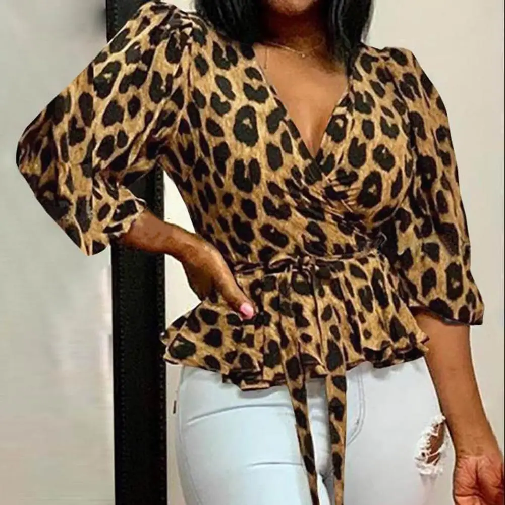 

Autumn Blouse Trendy Soft Leopard Print High Waist Lightweight Fall Blouse Lady Garment Women Shirt Fall Blouse