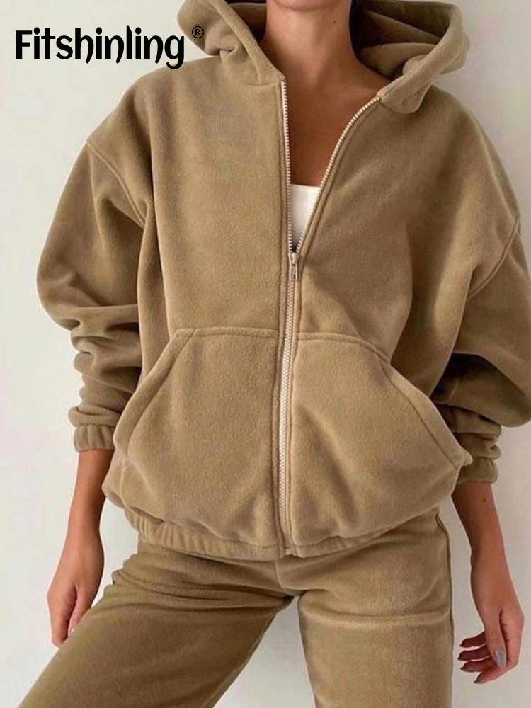 

Fitshinling Zipper Loungewear Hooded Women's Home Clothes Long Sleleve Sport Sleepwear Solid Casual Women Sweatersuit 2 Pieces