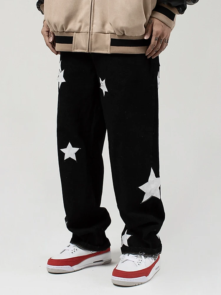 Men's Pants Retro Pentagram Embroidered Standard Jeans Gajie Street Loose Straight Jumpsuit Ins Hot Sale Boyfriend Wind Jeans