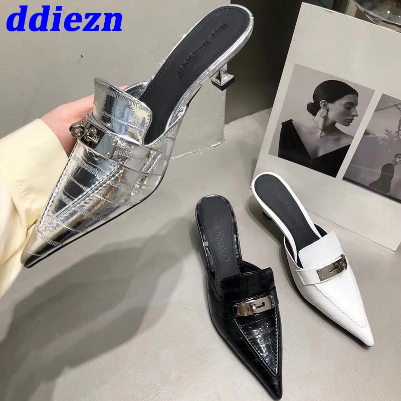 

Женские туфли на среднем каблуке, туфли-лодочки с острым носком и металлическим носком, без задника, для улицы, 2023