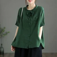 free shipping summer literature and art style retro blouses loose leisure office lady green tops