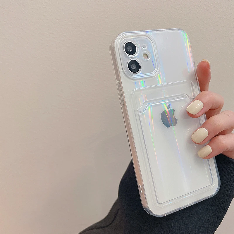 

Transparent Aurora Card Solt Holder Silicone Case For iPhone 11 12 Pro Max Mini XS X XR 8 7 Plus Soft Camera Protection Cover
