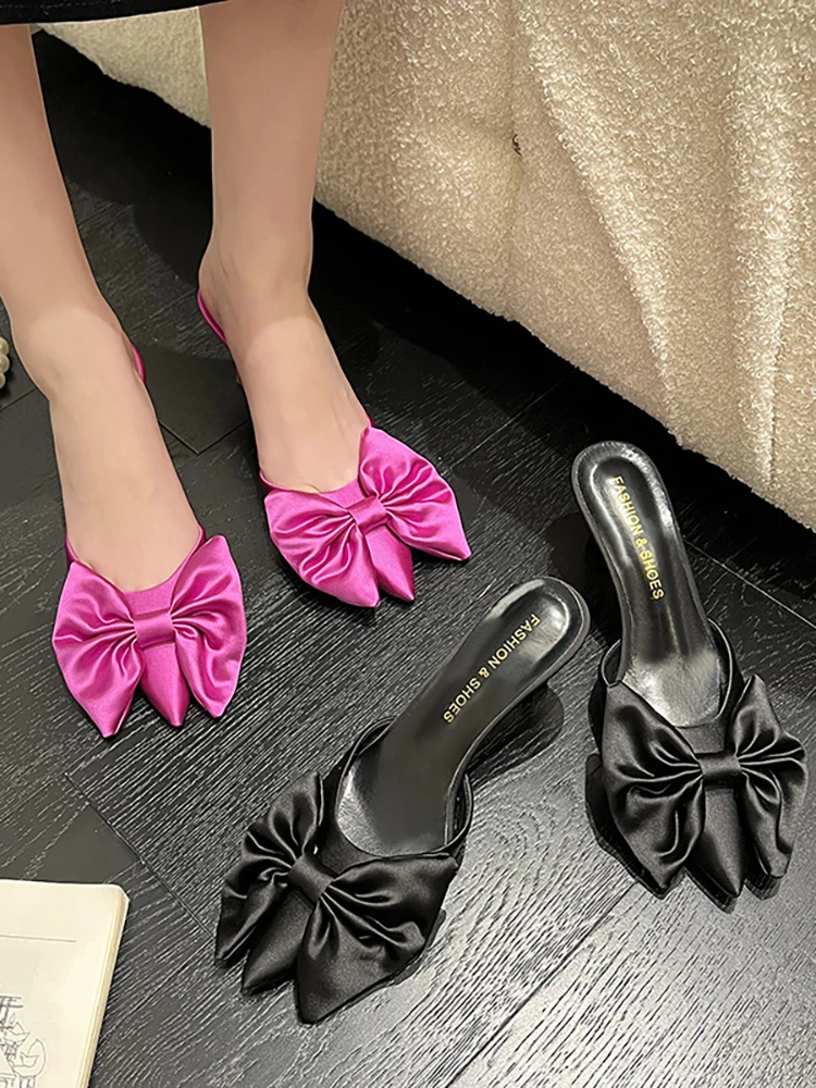 

Mules For Women 2023 Thin Heels Cover Toe Loafers Shoes Butterfly-Knot Med Ladies' Slippers High Silk Sexy Slides Rome Rubber PU