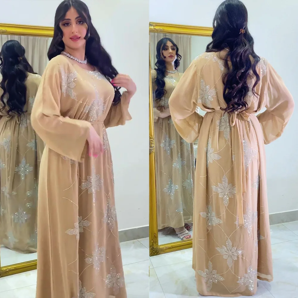 Turkish Kaftan Caftan For Women Muslim Snowflake Pattern Thickened Chiffon Gary Belt Dress Women Abaye With Long Sleeves