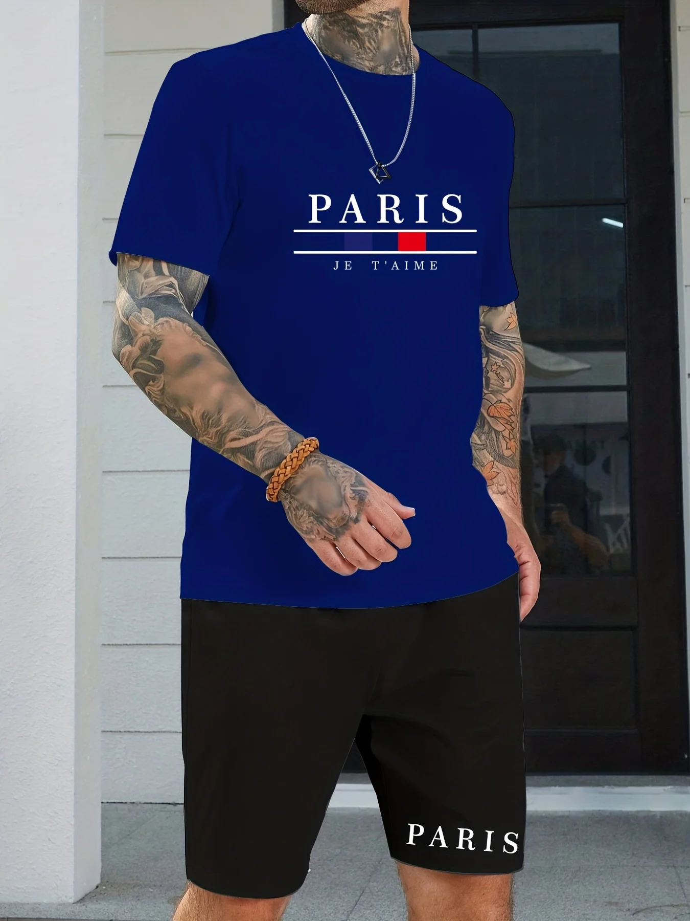 2023 Plus Size Men's Trendy Paris Letters Print T-shirt Shorts Set, Casual Graphic 2PCS Outfits For Summer Sports