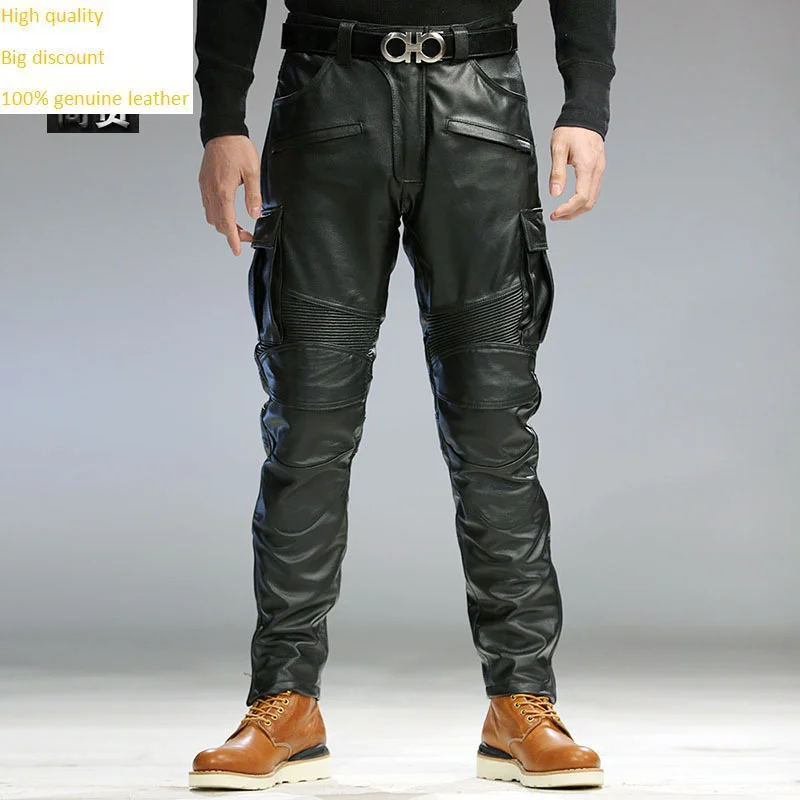 

Роскошная 100% натуральная весенне-осенняя рабочая одежда, кожаные брюки для езды на мотоцикле, мужские облегающие, ветрозащитные, теплые, с н...
