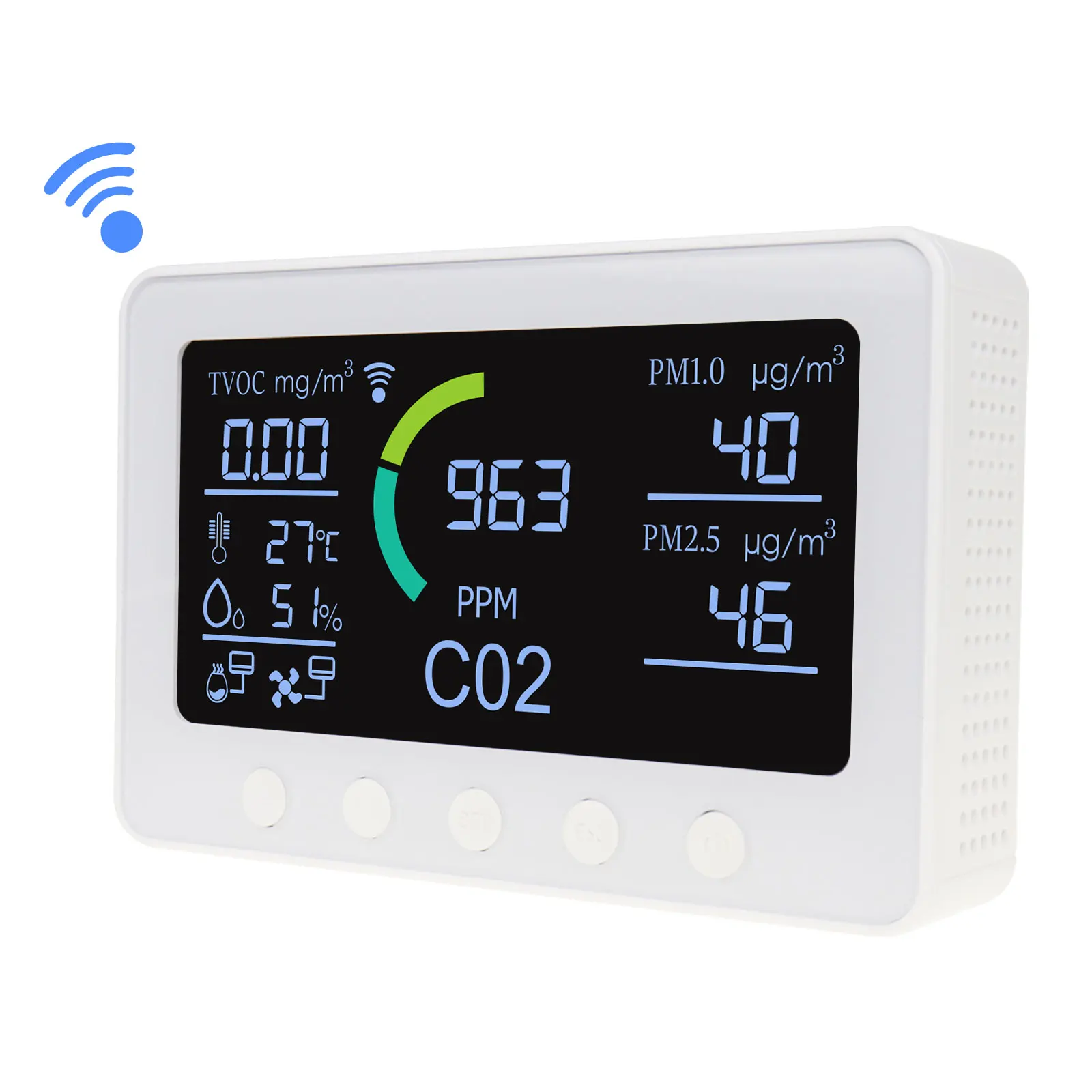 

Smart Air Detector Analyzer Air Quality Monitor CO2 Meter, TVOC, Humidity, Temperature, PM2.5, PM1.0 W/ Relay Output APP Control