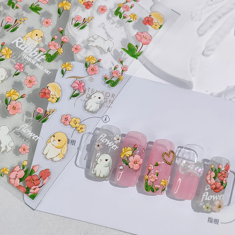 

5D Cartoon Embossed Nail Art Stickers Rabbit Flowers Decor Design Ultra-thin Charm Sliders Manicure Decals Nails Tips Supplies