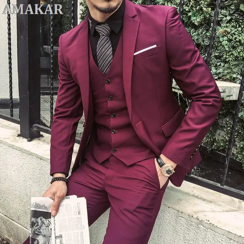 2022 Tailored Burgundy Purple Suit Men Groom Slim Fit 3 Piece Tuxedo Prom Wedding Suits Blazer Terno Masuclino Jacket+Pant+Vest |