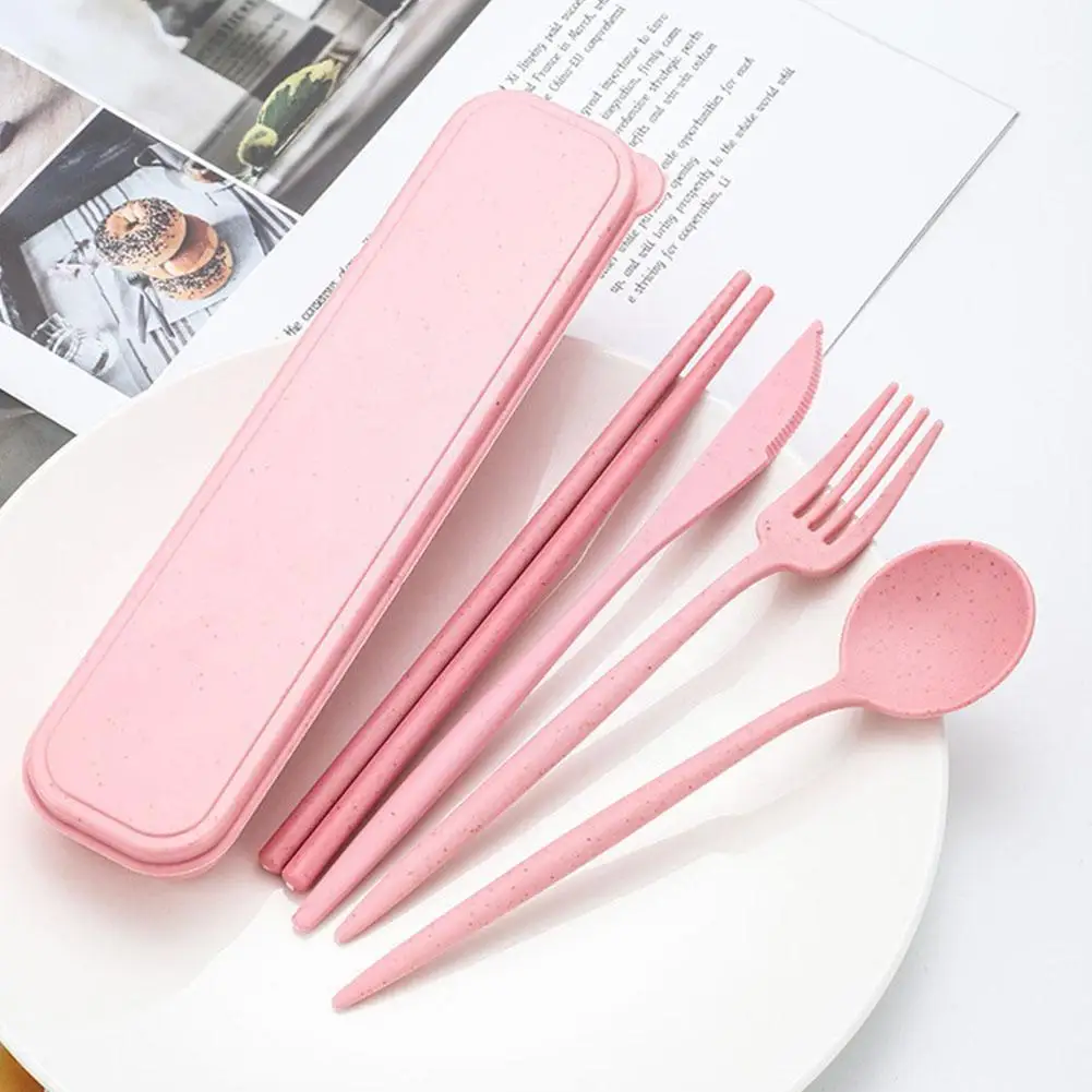 

4pcs/set Wheat Straw Spoon Cutlery Fork Chopsticks Travel Tableware With Kitchen Portable Dinnerware Box Students Accessori N5s1