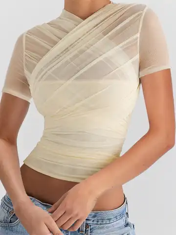 Women Cross Mesh Blouse Shirts Short Sleeve See Through Slim Fit Crop Tops 2023 Summer Sexy Retro Fashion Y2K Top and Blouses