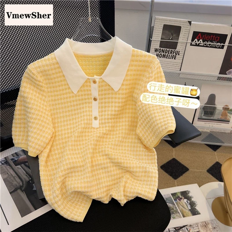 

VmewSher Quality Polo Collar Women Tees Summer Blouse Korea Casual Plain Girls Sweet Cute Short Sleeve T-Shirt Tops Y2K 2023 New