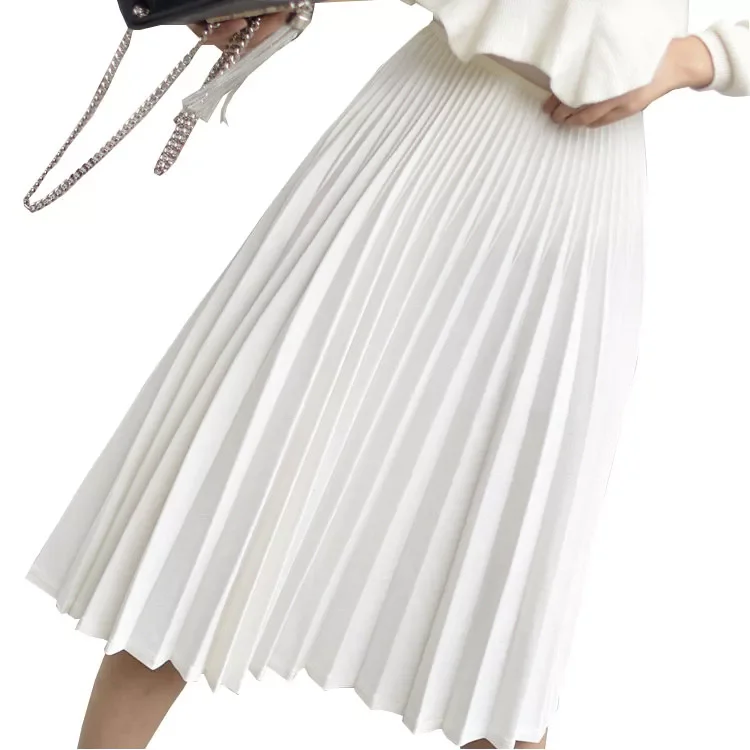 

2022 Spring Women Elegant Pleated Skirt High Waist Women White Long Skirt Female Ladies High Quality Women Midi Skirt Black