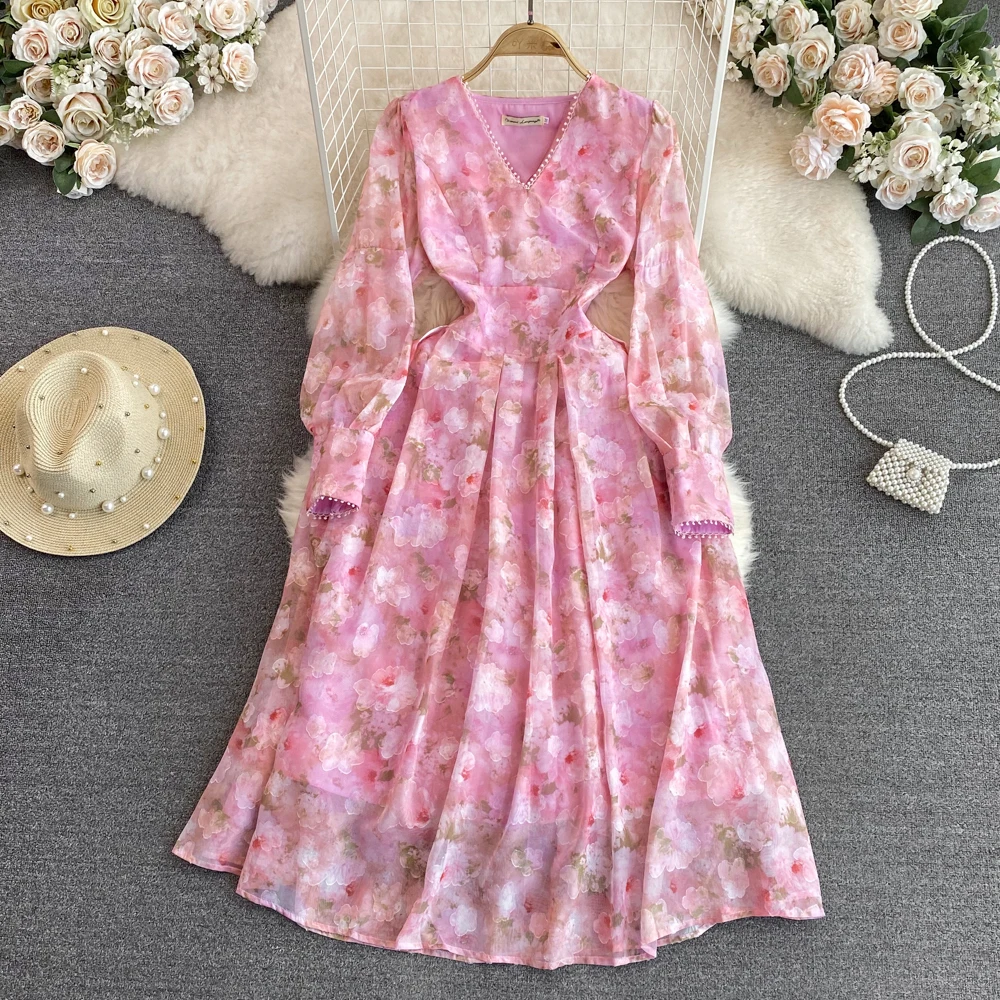 

New Autumn Pink Chiffon Long Dress French Elegant Runway Women V Neck Flower Printed Lantern Sleeve Sexy Backless Party Vestidos