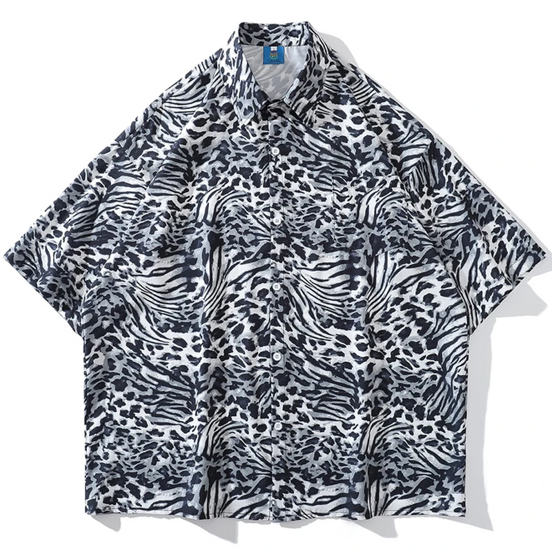 

Mens Oversize Hawaii Short Sleeve Shirts 22SS Unisex Harajuku Leopard Printed Turn-Down Collar Womens blouse Shirts Tropica Tops