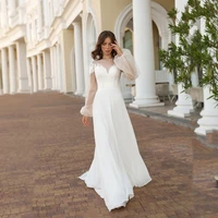 elegant chiffon wedding dress scoop neck long puff sleeves lace applique button bridal gown 2023 custom made robe de mariee
