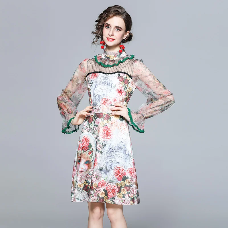 

WTIANYUW дизайнерское высококачественное Модное Элегантное весеннее Новое Женское кружевное мини-платье с оборками и рукавом-колокольчиком в ...