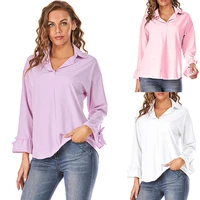 women solid color long sleeve shirt casual loose flared sleeves t shirt ladies chic collar buttons blouse office commuter wear