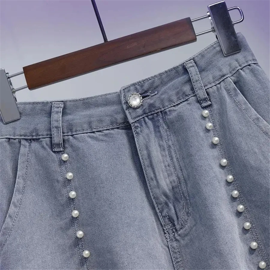 High Waist Beading Lace Eans Shorts Summer Wigh Leg Denim Short Fashion Pantalones Cortos Oversize 5xl Baggy Vaqueros Blue Pants