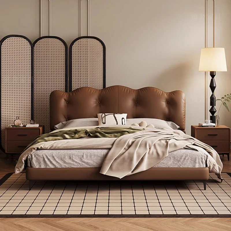 

Queen Size Bedroom Double Bed Storage Master Cute Modern Salon King Double Bed Luxury Genuine Leather Lit Deux Place Furniture