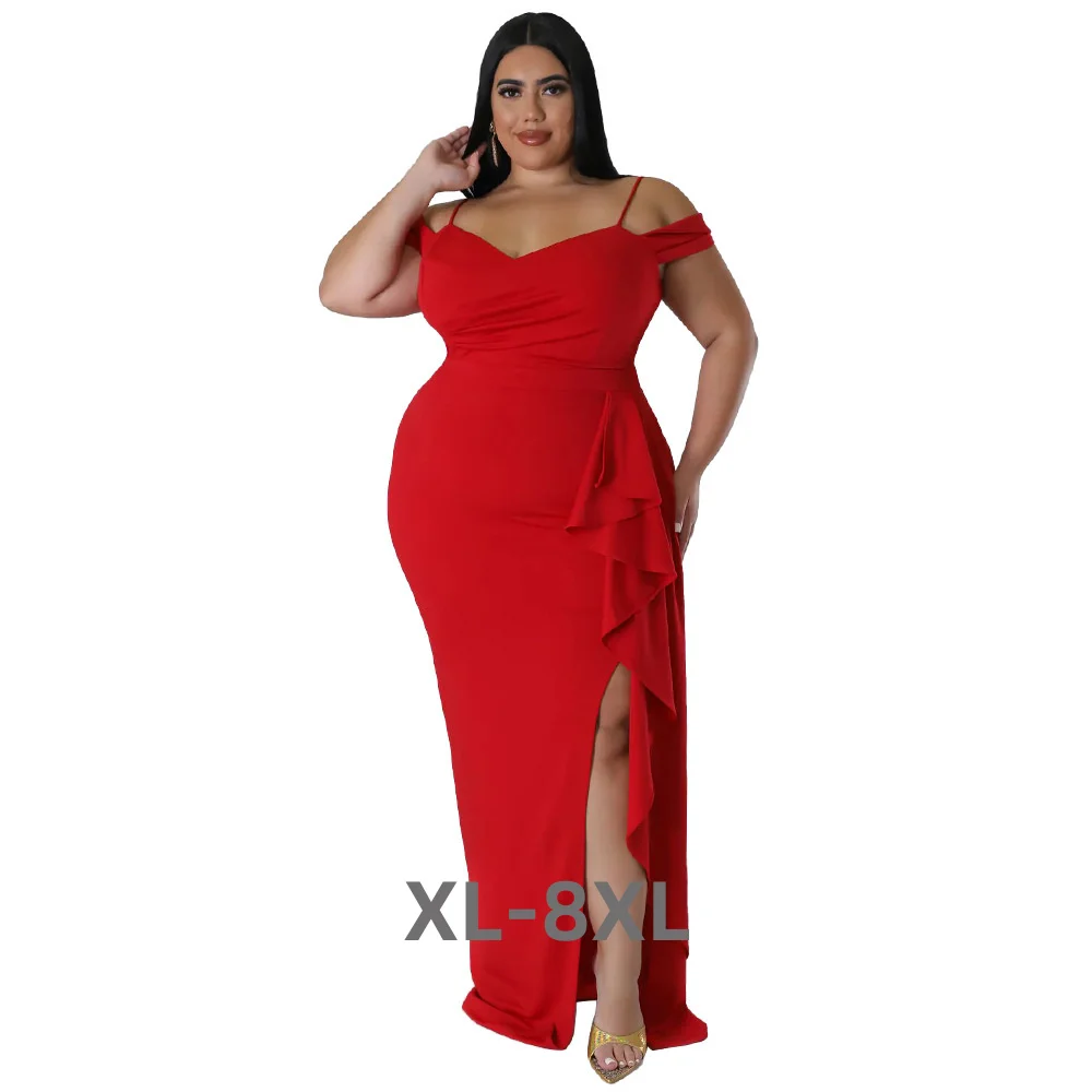 

Plus Size Sexy Women Evening Dress Spaghetti v Neck Short Sleeves Side Split Ruffles Elegant Casual Part 3xl 4xl 5xl 6xl