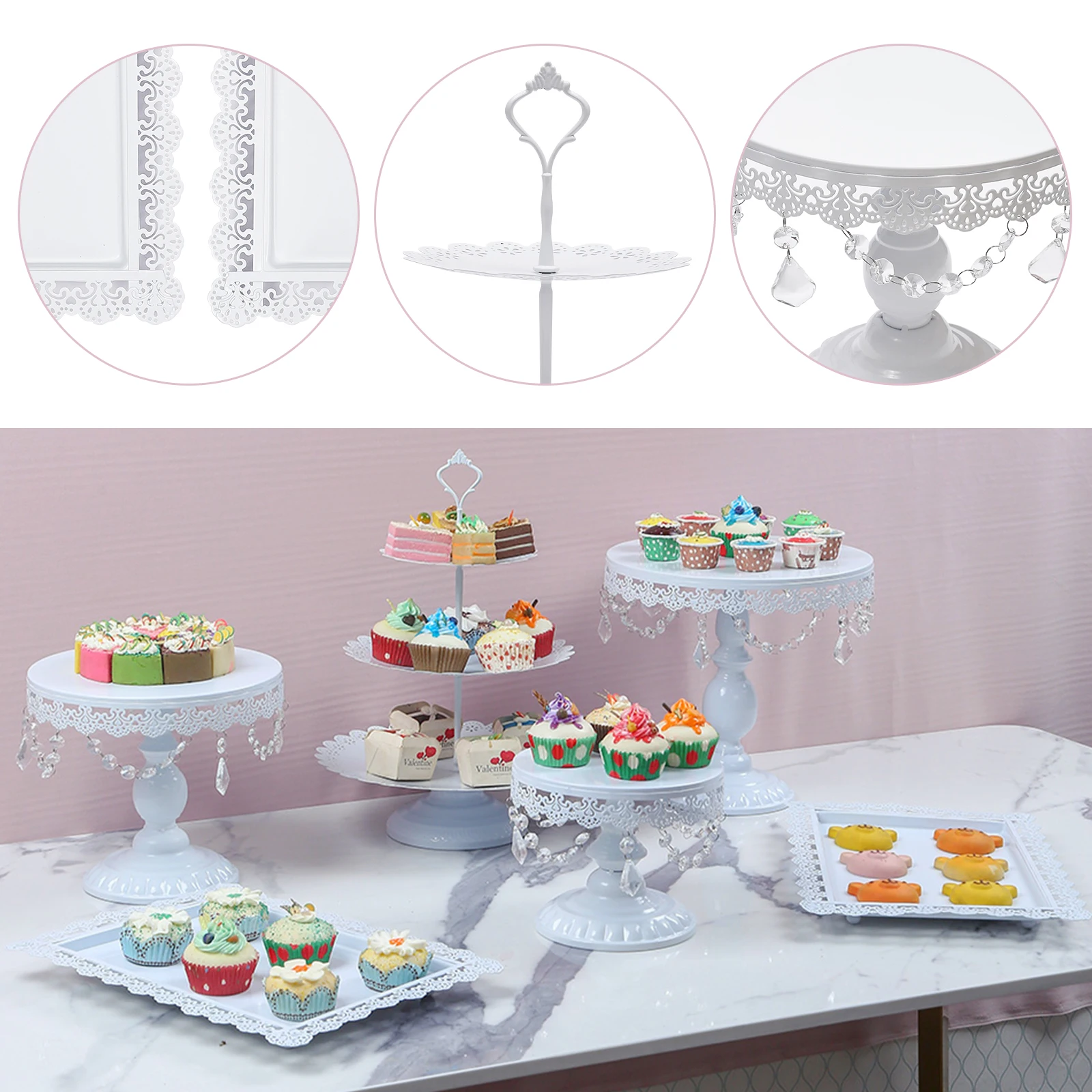 

6-Piece Set Household Cake Shop Birthday Party White Metal Cake Rack + Crystal