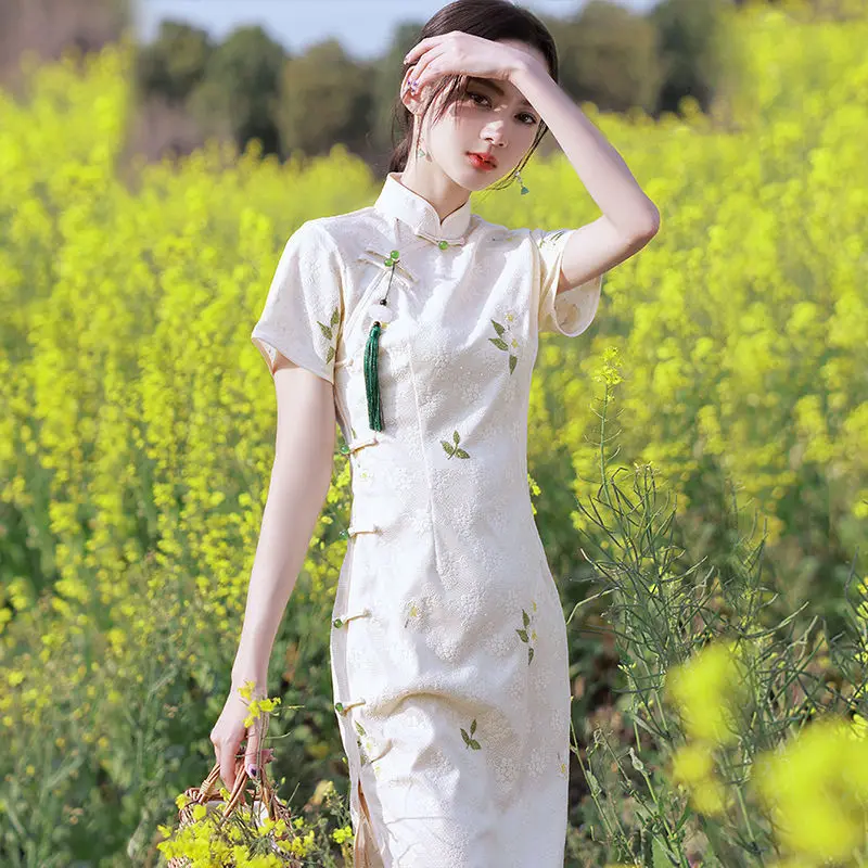 

Женское Короткое платье в стиле ретро, белое кружевное платье Чонсам в стиле ретро, лето 2022