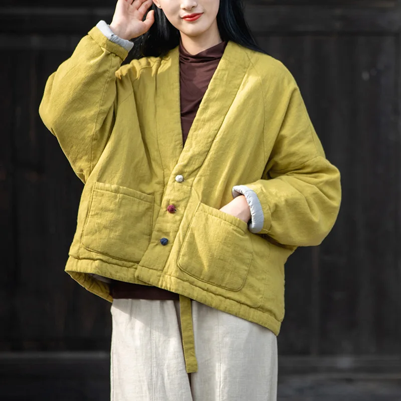New Cotton and Linen Women's Literary and Ancient Style Button Button Cotton Jacket Women's Linen Warm Short Style Cotton Coat