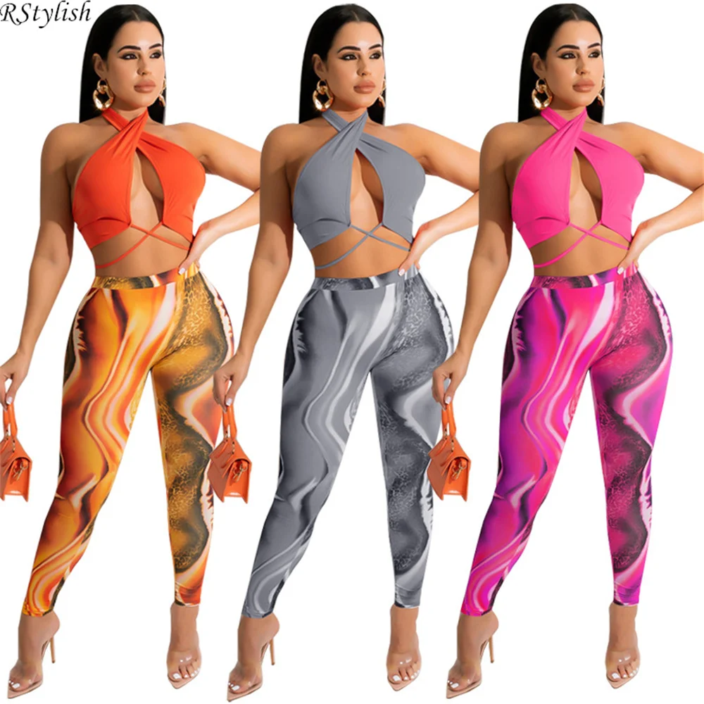 

RStylish Sexy Clubwear 2 Piece Sets Womens Outfits Summer Streetwear Criss Cross Halter Crop Top And Print Skinny Pants Suit